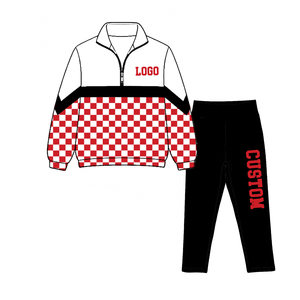Conjunto de 2 piezas a cuadros personalizado para niños y adultos: Top con cuello de media cremallera y bloques de color, y pantalón estampado de cintura alta. Chándal infantil. - Product Image 3