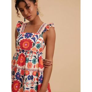 FOXA Women's Floral Print Short <b>Dress</b> <b>Elastic</b> Waist Square Collar A-Line Vacation Casual <b>Dress</b> - Product Image 3