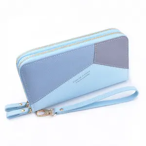 Hot Sale Double Zipper Luxury Wallet Custom Logo Ladies Long Clutch Bag Stitching Color Wallets