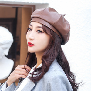 Women's Beret PU Leather Octagonal Hat Solid Color Windproof Non Foldable For Autumn Winter Spring British Style Elegant Hat - Product Image 4