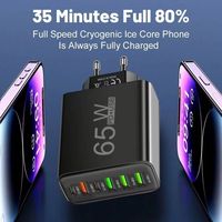 Cargador de Pared 6 en 1 de 65W con Carga Rápida, Enchufe para EE. UU., UE y Reino Unido, Adaptador de Cargador de Teléfono USB Tipo C, Bloque de Carga 4USB+2PD