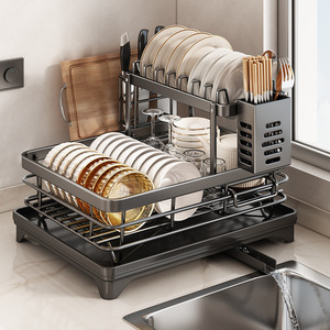 Double Layer Stainless Steel Dish Rack With Tray Quick Dry Kitchen <b>Storage</b> Drainer <b>Basket</b> Square L Size - Product Image 1