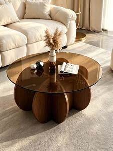 NKAHS Durable Modern Light Luxury Round Glass Coffee <b>Table</b> with Wood Frame Creative French Vintage Design Living Room Furniture - Product Image 4