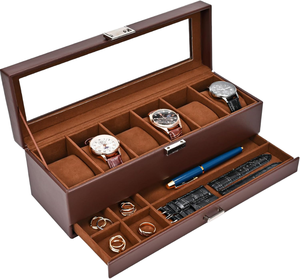 Boîte à montres grande capacité à double couche, intérieur en velours marron, couvercle en verre, tiroir pour ranger montres-bracelets, bagues, bracelets de montre et accessoires - Product Image 1