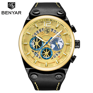 Montre à quartz analogique pour homme Benyar, chronographe, boîtier en alliage de 17 mm, bracelet en cuir noir, étanche 30 m, BY-5141M - Product Image 3