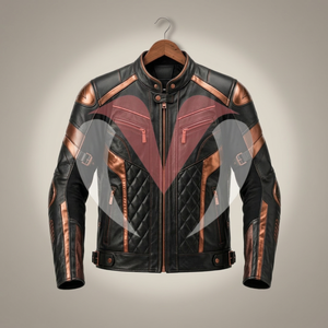 Veste de moto en cuir noir pour homme, couleur cuivre, à blocs de couleurs, manches longues, coupe-vent, style racing - Product Image 1