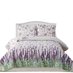 Reversible Countryside Ultrasonic Quilt Floral Purple Lavender Narcissus Bedspread Coverlets Bed Covers for All Season
