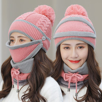 Ensemble d'accessoires d'hiver en gros de 3 pièces : bonnet, écharpe et masque de ski en tricot épais et chaud avec pompon pour le voyage