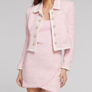 OEM Custom Women's <b>Linen</b>/Cotton Full Sleeve Tweed Blazer Pencil Skirt Two Piece <b>Set</b> with Gold Buttons - Product Image 2