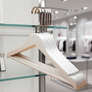 Cintres en bois blancs avec crochet <span class=keywords><strong>antivol</strong></span> en acier inoxydable, personnalisables en usine, pour vêtements, hôtels, supermarchés et magasins de vêtements - Product Image 2