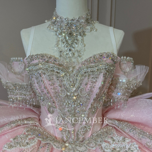 Xs317 Stunning Pink Sweetheart Cold Shoulder Crystal Vine Corset Bow <b>Glitter</b> Ball Gown Modern Floor-Length Quinceanera Dress - Product Image 6