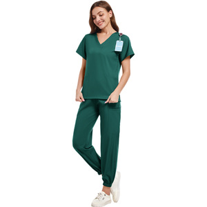 Navy Blue Scrub Suit Short Sleeve Lightweight Moisture Wicking Split Set For Medical Work Uniform In Stock - Product Image 3