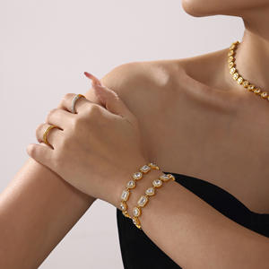 <b>Adjustable</b> Stainless Steel 18K Gold Plated Sparkling Cubic Zirconia Rectangle Heart <b>Bracelet</b> for Women Gift - Product Image 3