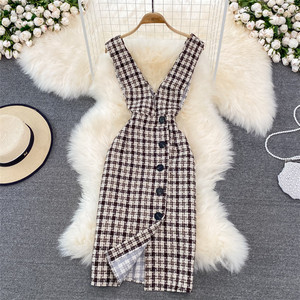 Costume à carreaux en laine femmes <span class=keywords><strong>2022</strong></span> automne et hiver nouveau tempérament taille mince sangle robe deux pièces ensemble - Product Image 4
