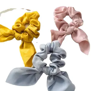 Carino Orecchie di Coniglio Legami Dei Capelli Fiocco di seta Scrunchies di Colore Solido per le ragazze