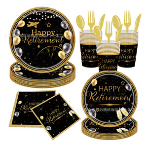 Happy Retirement Disposable Tableware Set <b>Black</b> Gold Party Supplies <b>Plates</b> Cups Napkins Cutlery Kit - Product Image 1