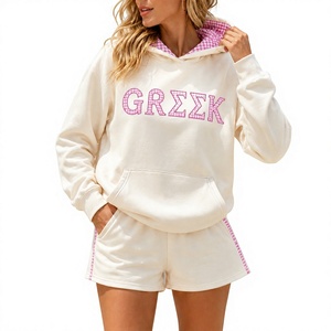 Ensemble 2 pièces personnalisé pour femme : sweat à capuche et short, avec bordure à carreaux et imprimé lettres, coupe ample, tenue de sport décontractée, toutes saisons - Product Image 2