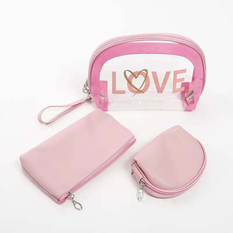 ファッション3セット旅行防水PvcクリアトイレタリーポーチPuレザーメイクアップバッグ女性のためのピンクの化粧品バッグ