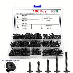 Phillips Round Head Self Drilling Screws 190Pcs Assortment Set #8 Black Steel Wood <b>Fasteners</b> Imperial Size - Product Image 1