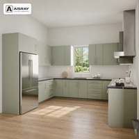 Meuble de cuisine moderne laqué avec portes à panneaux, aménagement en U, dimensions personnalisées, boîtes de rangement en contreplaqué et tiroirs à fermeture amortie