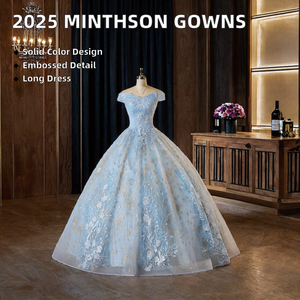 2025 abito in Quinceanera in raso stile Minthson blu reale con ricamo oro lungo fino al pavimento abito da ballo con scollo a barca abito da sposa rosso - Product Image 3