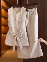 Ensemble jupe longue de qualité supérieure, nouvelle collection printemps 2026, ensemble de vêtements pour femmes, haut en lin avec poche et patchwork + jupe en lin mi-mollet