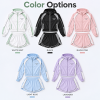 Ensemble de performance deux pièces personnalisé pour femme, veste à capuche et short en polyester color block, séchage rapide pour la randonnée et les sports de plein air