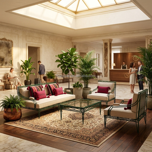 Conjunto de conversación vintage de hierro forjado con diseño de rejilla <span class=keywords><strong>esmeralda</strong></span>, cojines beige y almohadas decorativas con borlas, conjunto de salón para terraza acristalada, para casa de campo o villa en EE. UU. - Product Image 2