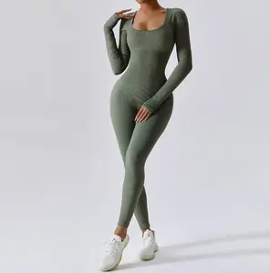 Nahtlose damen gerippte lange Ärmel Yoga-Bodysuits Bodycon elegante Jumpsuits Übergröße Sportbekleidung Einteiliges aktive Kleidung für Frauen