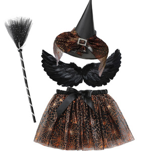 Conjunto <span class=keywords><strong>de</strong></span> disfraces <span class=keywords><strong>de</strong></span> Halloween <span class=keywords><strong>de</strong></span> 4 piezas para niñas, negro con estrella, tela <span class=keywords><strong>de</strong></span> araña, falda tutú <span class=keywords><strong>de</strong></span> malla impresa, sombrero <span class=keywords><strong>de</strong></span> <span class=keywords><strong>bruja</strong></span>, escoba, alas <span class=keywords><strong>de</strong></span> plumas - Product Image 4