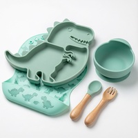 Ensemble d'alimentation pour bébé en silicone personnalisé OEM avec assiette à forte succion et couverts en bois
