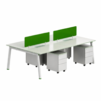 Poste de travail de bureau moderne pour 4 personnes avec structure en acier et système de bancs modulaires à pieds partagés pour projets de bureau