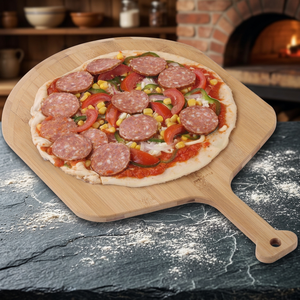 Accessoires pour la fabrication de pizzas, outils pour poêle à bois, plaque réfractaire en bambou 16x16, pierre 15 pouces, motif demi-lune, bois durable - Product Image 3