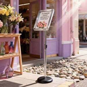 Support de signalisation en acrylique transparent avec base métallique, présentoir professionnel au sol pour l'information, la marque et la signalétique - Product Image 1