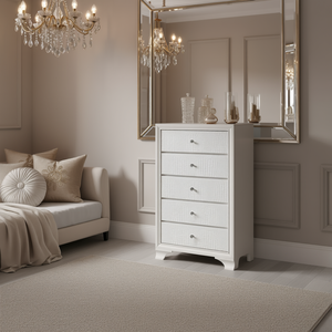 Cassettiera Moderna Glamour a Cinque Cassetti con Motivo Coccodrillo in Rilievo, Finitura Bianco Ghiaccio, Mobile in Legno per Camera da Letto - Product Image 2