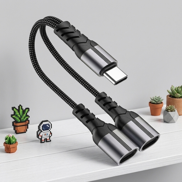 USB C to Dual USB C Adapter, 2-in-1 Type-C Audio and Charging Splitter with DAC Chip, Nylon Braided Headphone Jack Converter