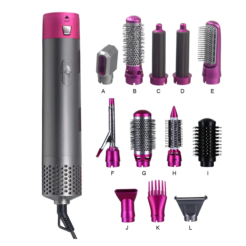 New 1200W Electric One-Step Hot Air Brush Hair Styler 12 Attachments Multifunctional Heat Protection Option Rotating Styling