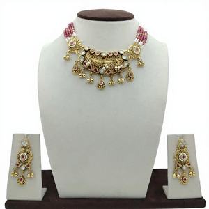 Elegant Silver Choker <b>Necklace</b> <b>Set</b> with Pink <b>Pearl</b> Beads Gold Plated Traditional Design Matching Earrings for Wedding Wear - Product Image 3