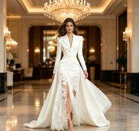 Robe de soirée blazer à manches longues pour femme, robe longue en dentelle blanche grande taille, robe de soirée élégante fendue pour mariage et fête