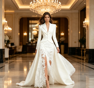 Abito <span class=keywords><strong>da</strong></span> sera blazer a maniche lunghe <span class=keywords><strong>da</strong></span> <span class=keywords><strong>donna</strong></span>, vestito lungo in pizzo bianco <span class=keywords><strong>taglie</strong></span> <span class=keywords><strong>forti</strong></span>, elegante abito formale con spacco per feste di matrimonio - Product Image 1