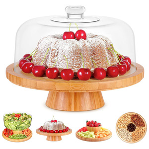 Soporte para pasteles de bambú con tapa, bandeja redonda para exhibir postres de 30,5x25,4x20,3 cm para uso en la cocina del hogar - Product Image 2