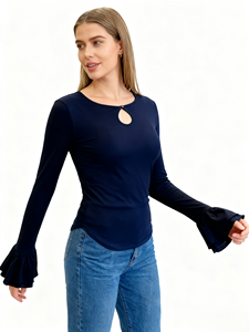 เสื้อยืดแฟชั่นผู้หญิง แขนกระดิ่งคู่ ทรงเข้ารูป ดีไซน์เว้าหลัง ผ้าถักนุ่ม ยืดหยุ่น คุณภาพสูง สำหรับฤดูใบไม้ผลิ/ฤดูใบไม้ร่วง - Product Image 4