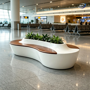 Modern Curved Patio <b>Bench</b> Outdoor Seating with Planter Integrated Wood Grain White Public Lounge <b>Bench</b> - Product Image 1