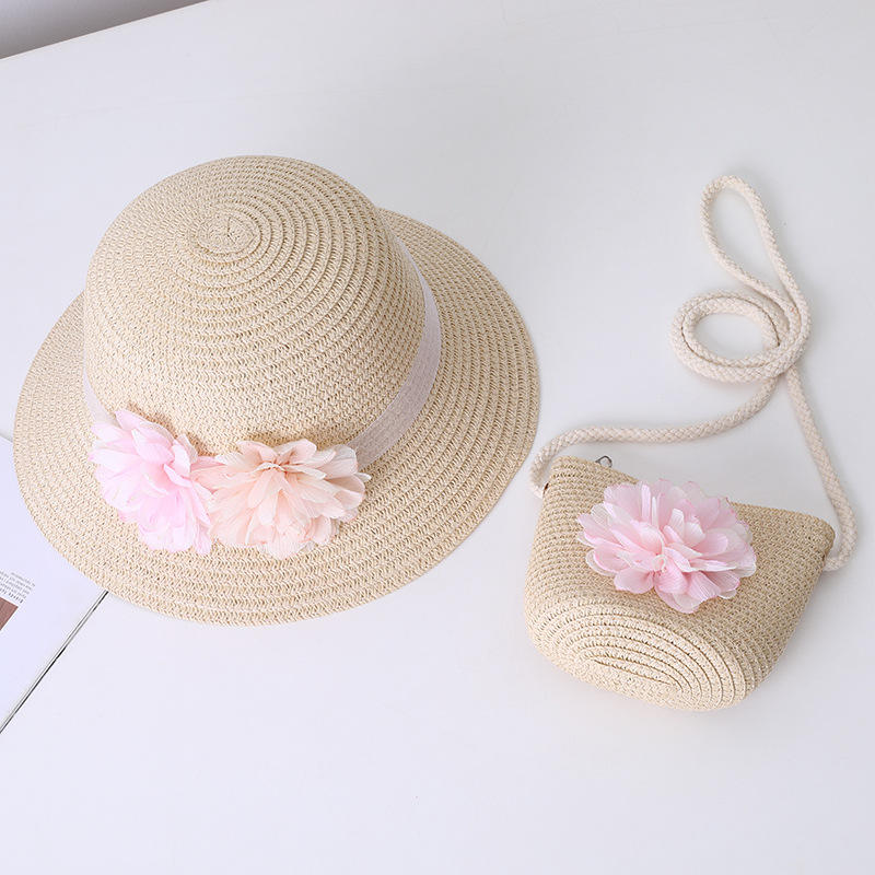 2022 Popular Kids Floppy Sun Hat Beach Straw Hat Bag Set Character