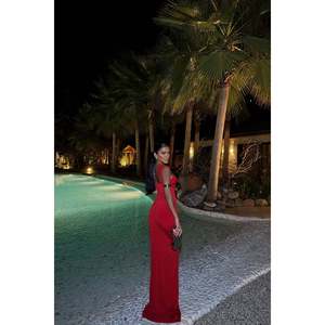 Robe de soirée de luxe rouge Aymil, col montant, taille empire, ajustée, ornée de perles, pour banquets et invités de mariage, XL, longueur ras du sol, coupe trapèze, avec fente - Product Image 2