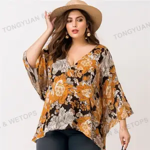 Oversize Spring Holiday Oversized Printed V Neck Casual Shirts Fat Plus Size Women's Blouses