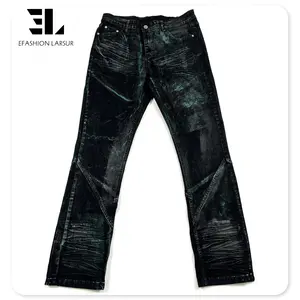 LARSUR Custom denim factory cut and sew vintage distress foil wax denim jeans men straight slim fit coated wax stacked jeans men