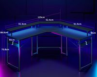 Bureau de jeu ergonomique pour ordinateur portable PC 1,2/1,4/1,6 m avec éclairage d'ambiance LED RGB et étagères pour moniteur
