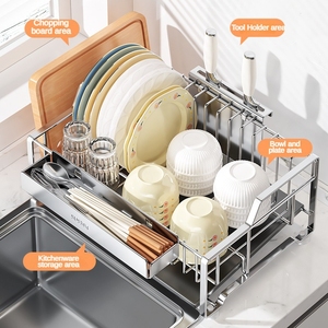 Égouttoir à vaisselle en acier inoxydable 304 avec plateau à couverts, égouttoir latéral pour évier, support de cuisine multifonctionnel avec <span class=keywords><strong>porte</strong></span>-couteaux - Product Image 3