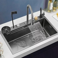 Évier de cuisine multifonction Voriva noir neuf avec support de téléphone mobile, ensemble d'évier de cuisine en acier avec robinet